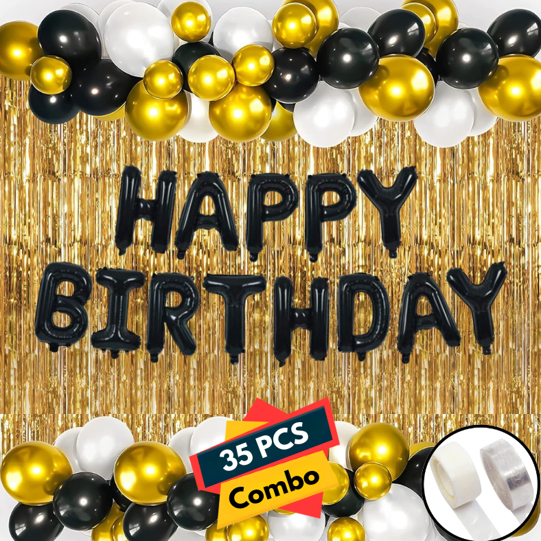 Golden Glamour Birthday Celebration: Metallic Balloons, Foil Birthday Banner, Backdrop Curtain, Arch with Both Side Tape - Full Package (Pack of 35 Pcs)