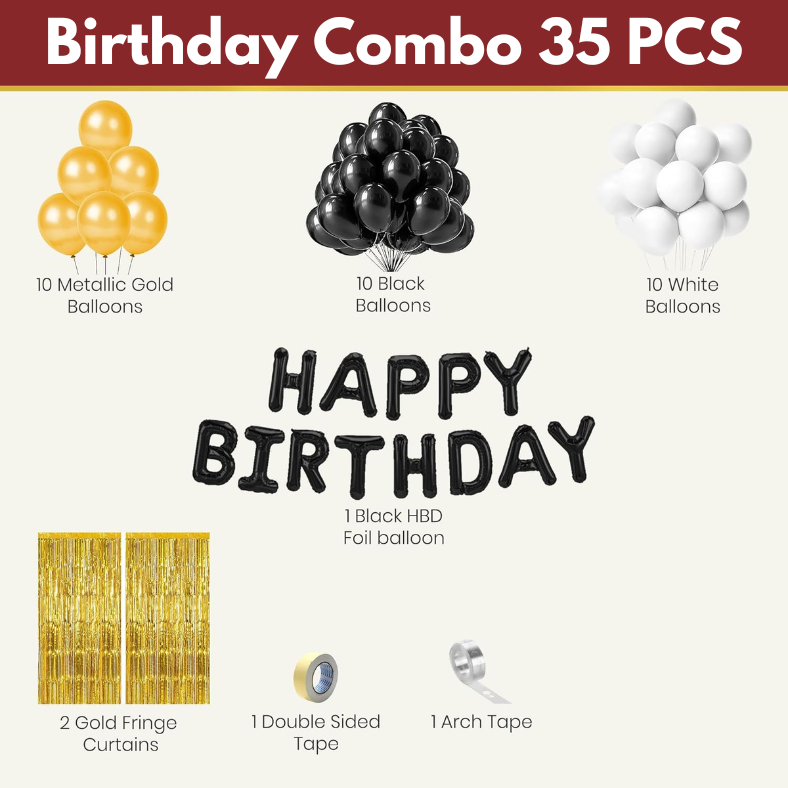 Golden Glamour Birthday Celebration: Metallic Balloons, Foil Birthday Banner, Backdrop Curtain, Arch with Both Side Tape - Full Package (Pack of 35 Pcs)
