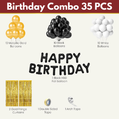 Golden Glamour Birthday Celebration: Metallic Balloons, Foil Birthday Banner, Backdrop Curtain, Arch with Both Side Tape - Full Package (Pack of 35 Pcs)