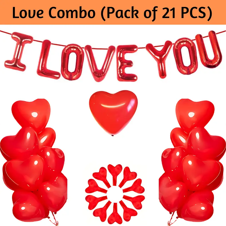 I Love You Foil Balloons Decoration Combo - Complete Set Featuring Red Love Balloons- (Pack of 21 Pcs)