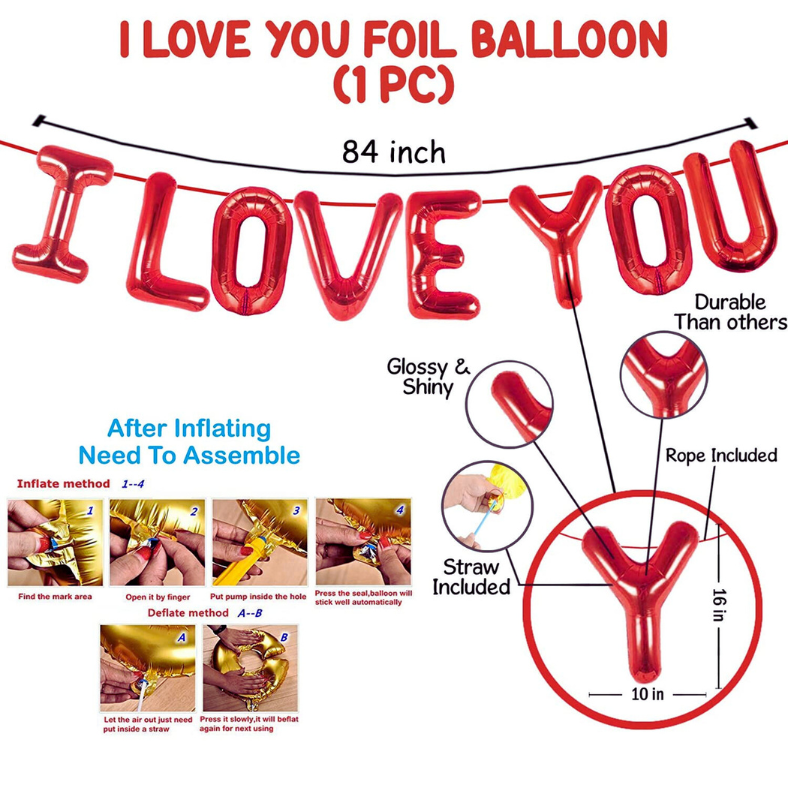 I Love You Foil Balloons Decoration Combo - Complete Set Featuring Red Love Balloons- (Pack of 21 Pcs)