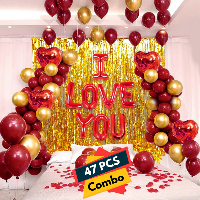 I Love You Decoration Combo - Heart Shape Foil Balloon, Metallic Monty Balloon & Backdrop Curtain Full Set - Pack of 47 Pieces