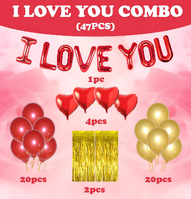 I Love You Decoration Combo - Heart Shape Foil Balloon, Metallic Monty Balloon & Backdrop Curtain Full Set - Pack of 47 Pieces