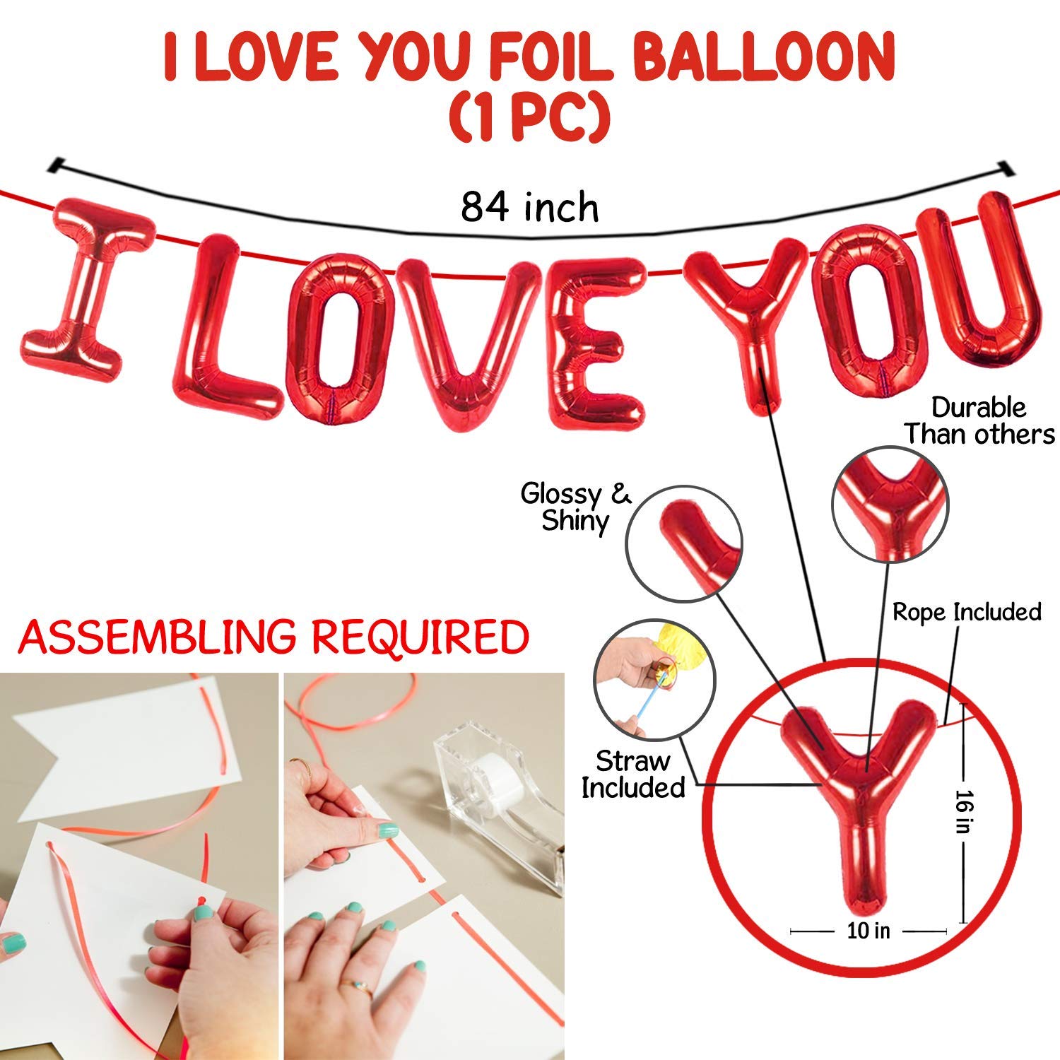 I Love You Decoration Combo - Heart Shape Foil Balloon, Metallic Monty Balloon & Backdrop Curtain Full Set - Pack of 47 Pieces