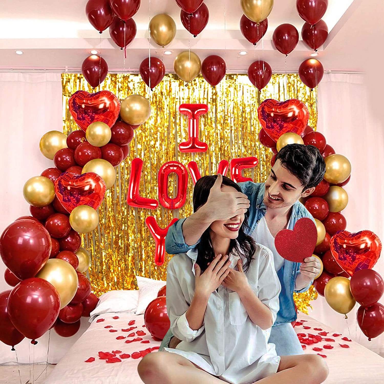 I Love You Decoration Combo - Heart Shape Foil Balloon, Metallic Monty Balloon & Backdrop Curtain Full Set - Pack of 47 Pieces