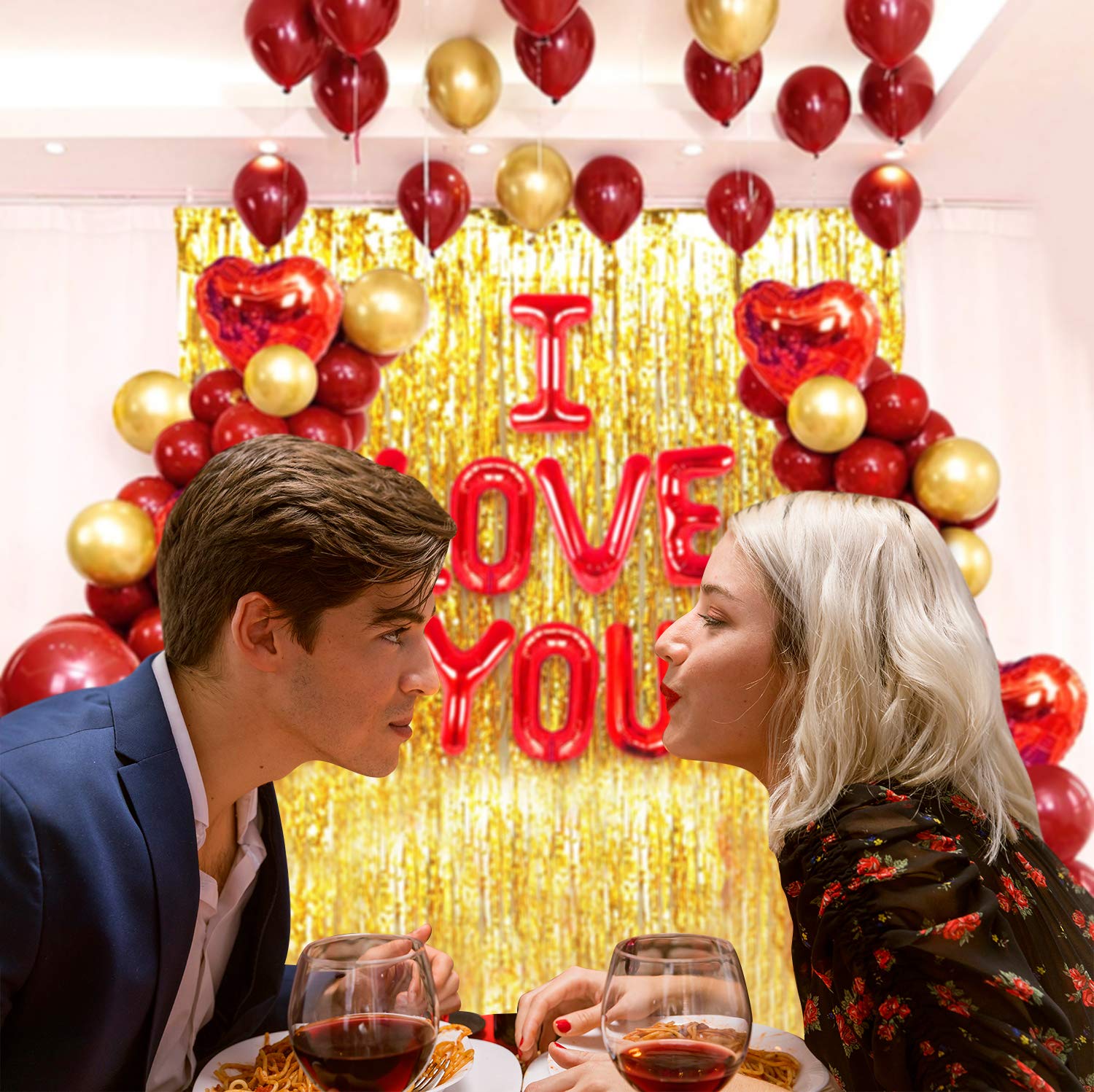 I Love You Decoration Combo - Heart Shape Foil Balloon, Metallic Monty Balloon & Backdrop Curtain Full Set - Pack of 47 Pieces