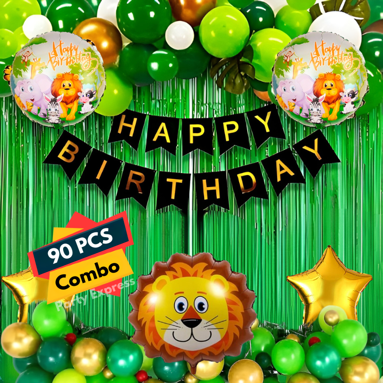 Wild Jungle Birthday Decor Combo for Boys, Girls & Kids - Black Card Banners, Green Foil Curtains, HQ Balloons, Animal Foil Balloons, Balloon Arch, Tape - 90 Pcs
