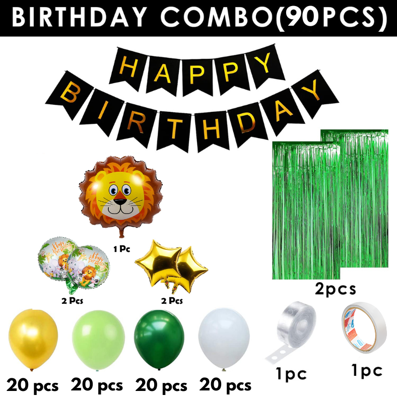 Wild Jungle Birthday Decor Combo for Boys, Girls & Kids - Black Card Banners, Green Foil Curtains, HQ Balloons, Animal Foil Balloons, Balloon Arch, Tape - 90 Pcs