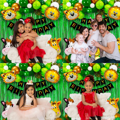 Wild Jungle Birthday Decor Combo for Boys, Girls & Kids - Black Card Banners, Green Foil Curtains, HQ Balloons, Animal Foil Balloons, Balloon Arch, Tape - 90 Pcs