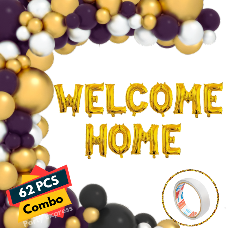 Welcome Home Party Decorations: Golden Banner, Metallic Balloons (Gold, Black, White), Both Side Tape - Complete Set for Celebration (62 Pcs)