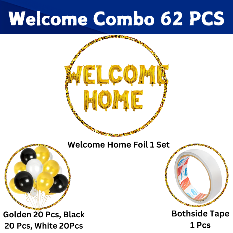 Welcome Home Party Decorations: Golden Banner, Metallic Balloons (Gold, Black, White), Both Side Tape - Complete Set for Celebration (62 Pcs)