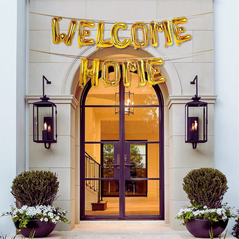 Welcome Home Party Decorations: Golden Banner, Metallic Balloons (Gold, Black, White), Both Side Tape - Complete Set for Celebration (62 Pcs)