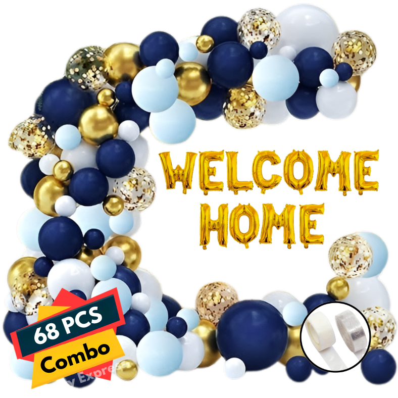 Welcome Home Party Decorations: Golden Banner, Metallic Balloons, Confetti & Arch With Both Side Tape - Complete Set for Celebration (68 Pcs)