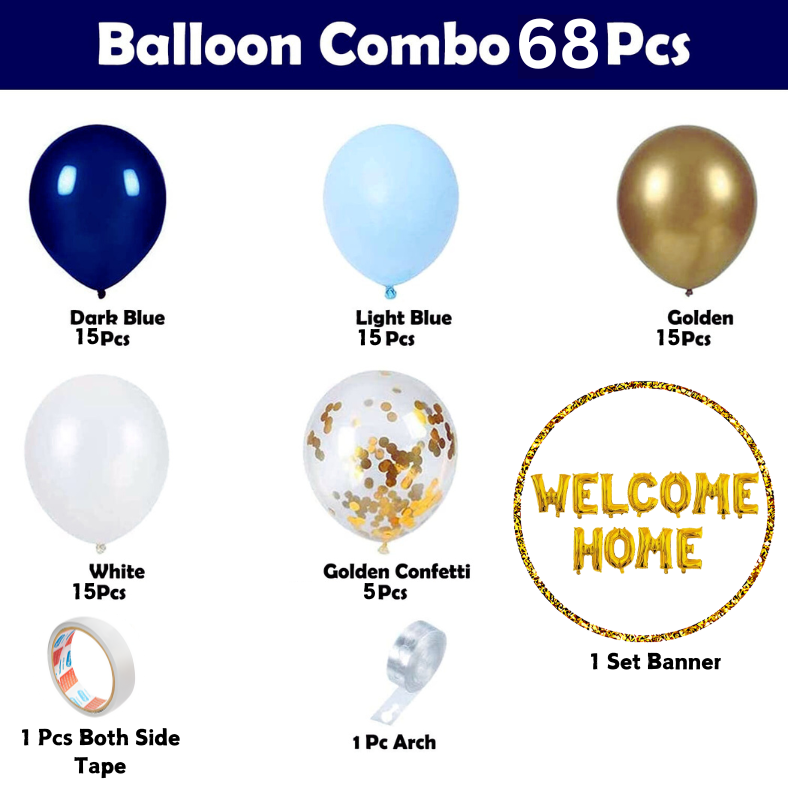 Welcome Home Party Decorations: Golden Banner, Metallic Balloons, Confetti & Arch With Both Side Tape - Complete Set for Celebration (68 Pcs)