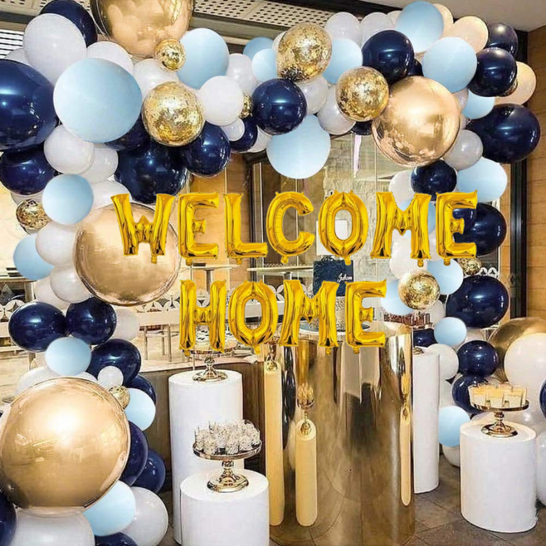 Welcome Home Party Decorations: Golden Banner, Metallic Balloons, Confetti & Arch With Both Side Tape - Complete Set for Celebration (68 Pcs)
