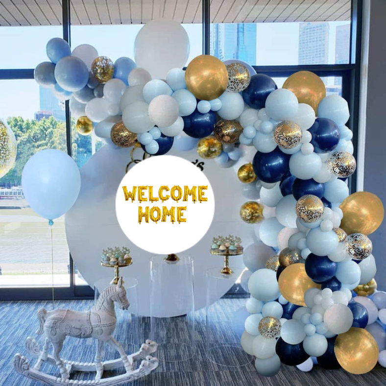 Welcome Home Party Decorations: Golden Banner, Metallic Balloons, Confetti & Arch With Both Side Tape - Complete Set for Celebration (68 Pcs)