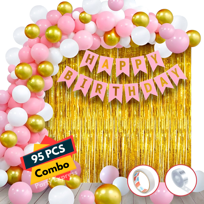 Women's Birthday Combo: Pink Theme with Metallic Balloons, Banner, Golden Curtain, Balloon Arch, Both Side Tape - Full Package for Parties - (95 Pcs)