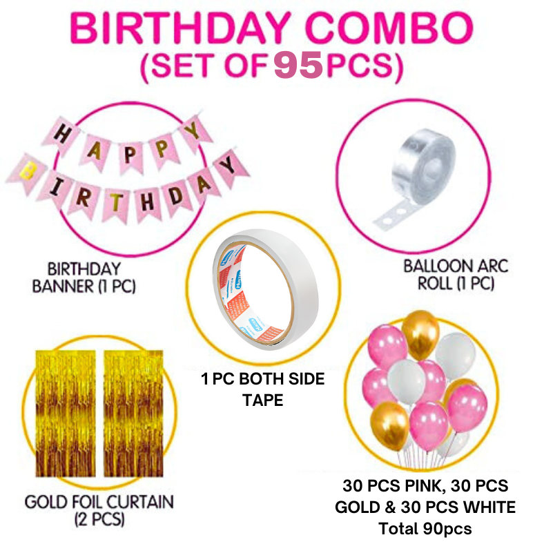 Women's Birthday Combo: Pink Theme with Metallic Balloons, Banner, Golden Curtain, Balloon Arch, Both Side Tape - Full Package for Parties - (95 Pcs)