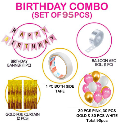 Women's Birthday Combo: Pink Theme with Metallic Balloons, Banner, Golden Curtain, Balloon Arch, Both Side Tape - Full Package for Parties - (95 Pcs)