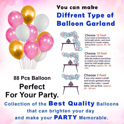 Women's Birthday Combo: Pink Theme with Metallic Balloons, Banner, Golden Curtain, Balloon Arch, Both Side Tape - Full Package for Parties - (95 Pcs)