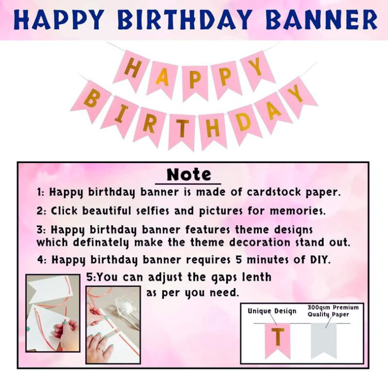 Women's Birthday Combo: Pink Theme with Metallic Balloons, Banner, Golden Curtain, Balloon Arch, Both Side Tape - Full Package for Parties - (95 Pcs)