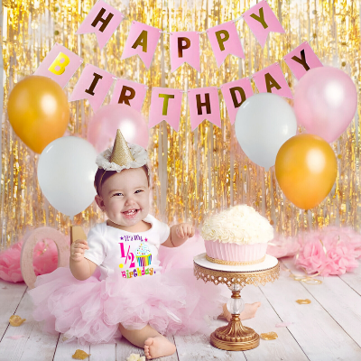Women's Birthday Combo: Pink Theme with Metallic Balloons, Banner, Golden Curtain, Balloon Arch, Both Side Tape - Full Package for Parties - (95 Pcs)