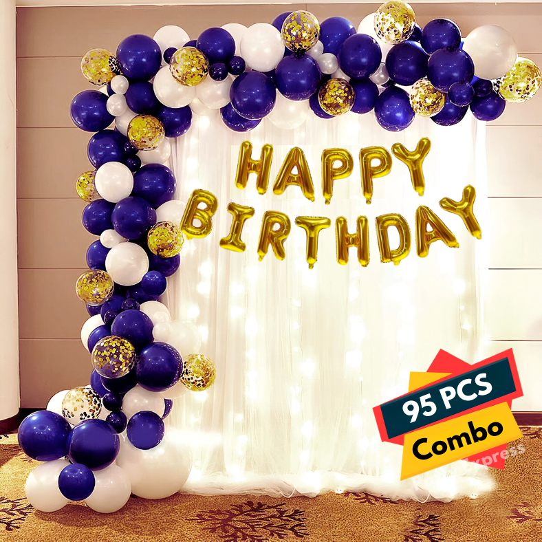 Ultimate Blue Theme Birthday Decoration Set: Banner, Net Curtain, Balloons, Confetti Balloons, Balloon Arch, Both Side Tape - Comprehensive Party Kit - (Pack of 95 Pcs)
