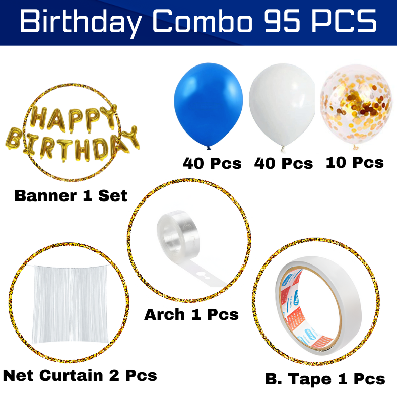 Ultimate Blue Theme Birthday Decoration Set: Banner, Net Curtain, Balloons, Confetti Balloons, Balloon Arch, Both Side Tape - Comprehensive Party Kit - (Pack of 95 Pcs)