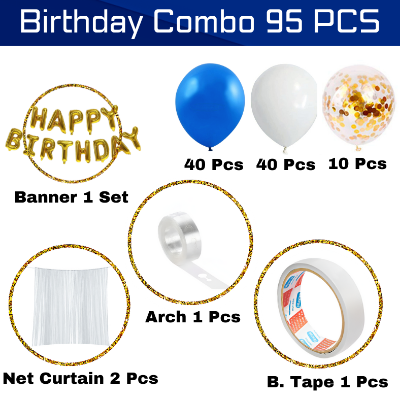 Ultimate Blue Theme Birthday Decoration Set: Banner, Net Curtain, Balloons, Confetti Balloons, Balloon Arch, Both Side Tape - Comprehensive Party Kit - (Pack of 95 Pcs)