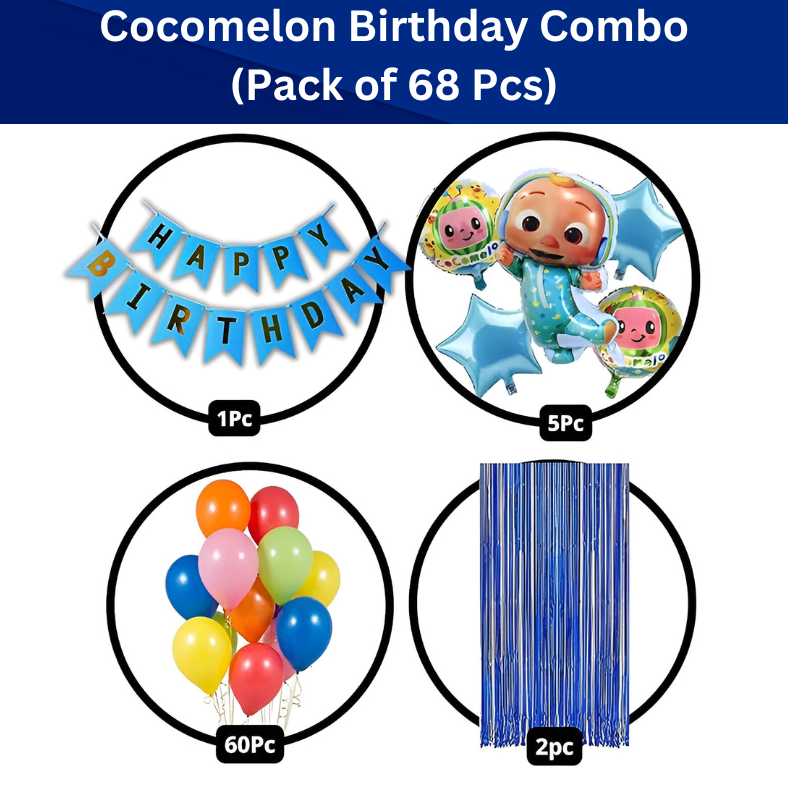 Cocomelon Birthday Decoration Combo Pack - With Card Banner, Foil Backdrop Curtain, HQ Balloons - Full Package (68 Pieces)