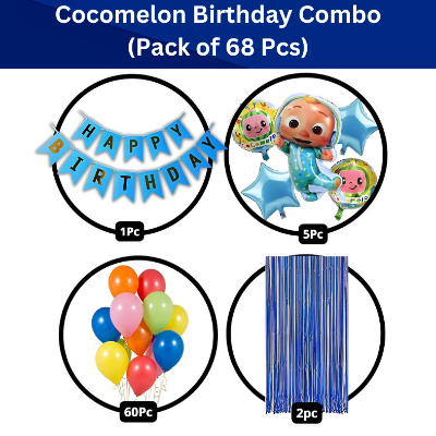 Cocomelon Birthday Decoration Combo Pack - With Card Banner, Foil Backdrop Curtain, HQ Balloons - Full Package (68 Pieces)