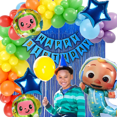 Cocomelon Birthday Decoration Combo Pack - With Card Banner, Foil Backdrop Curtain, HQ Balloons - Full Package (68 Pieces)