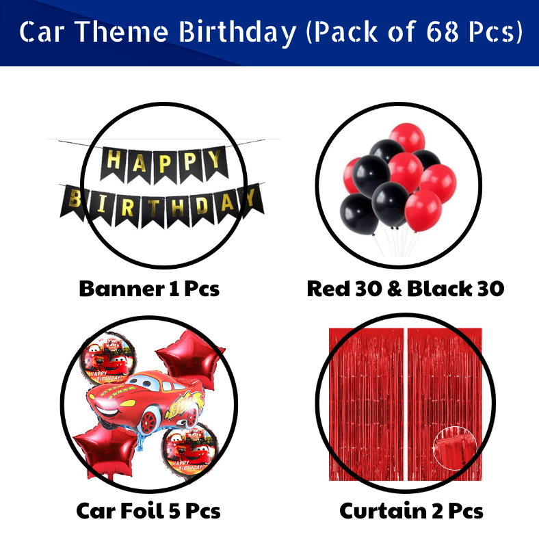 Car Theme Birthday Decoration Combo Pack - With Card Banner, Foil Backdrop Curtain, HQ Balloons - Full Package (68 Pieces)