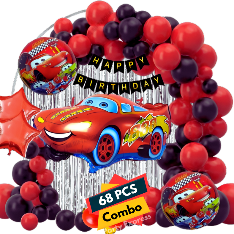 Car Theme Birthday Decoration Combo Pack - With Card Banner, Silver Foil Backdrop Curtain, HQ Balloons - Full Package (68 Pieces)