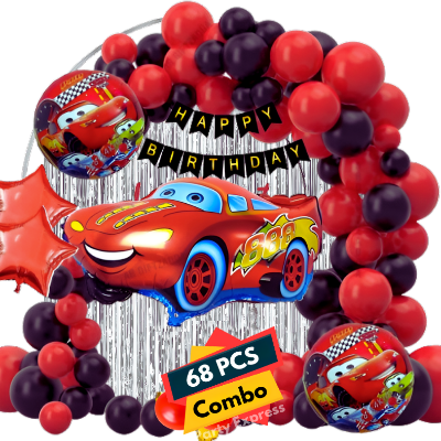 Car Theme Birthday Decoration Combo Pack - With Card Banner, Silver Foil Backdrop Curtain, HQ Balloons - Full Package (68 Pieces)