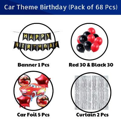 Car Theme Birthday Decoration Combo Pack - With Card Banner, Silver Foil Backdrop Curtain, HQ Balloons - Full Package (68 Pieces)