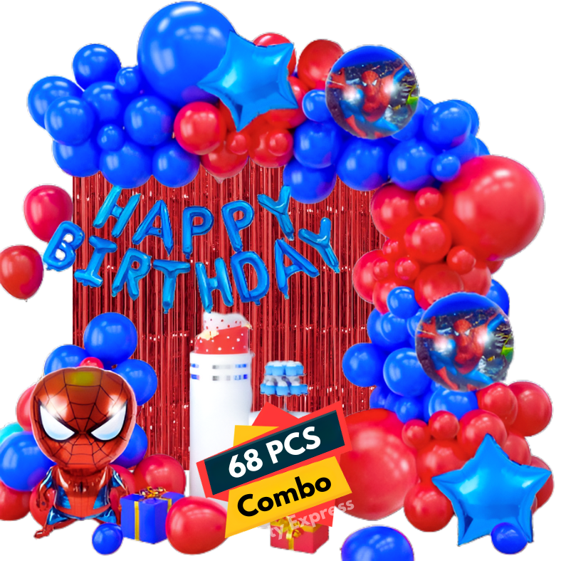 Spider-Man Birthday Decoration Set: Foil Banner, Foil Backdrop Curtain, HQ Balloons - Complete Decoration Package - (68 Pcs)