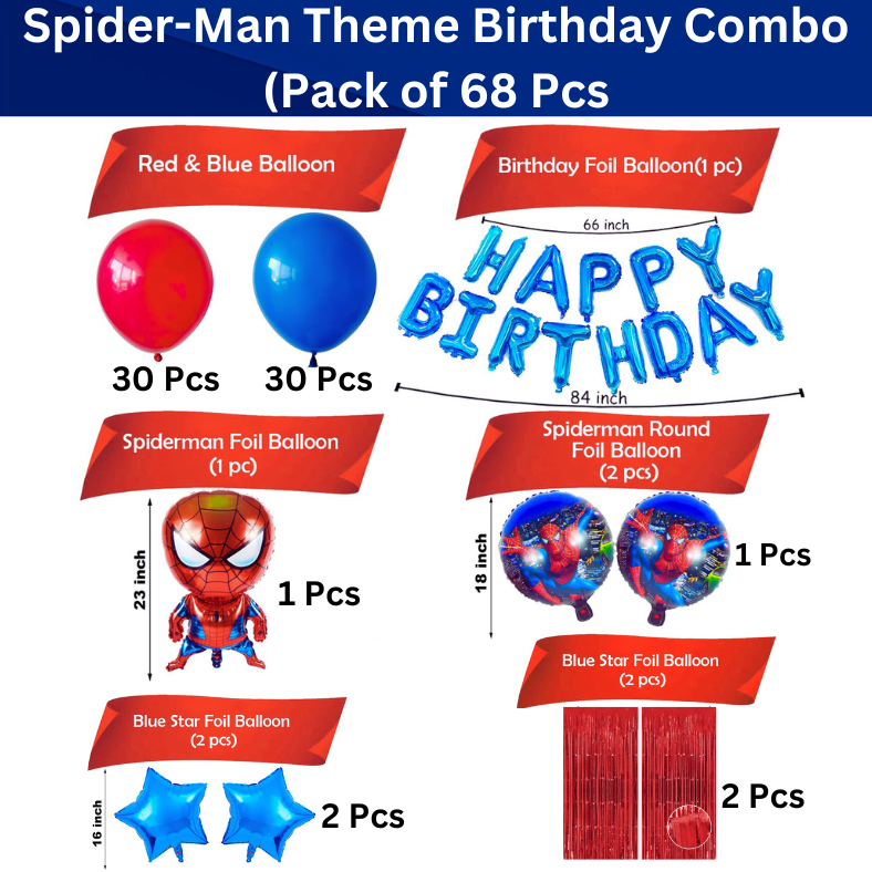 Spider-Man Birthday Decoration Set: Foil Banner, Foil Backdrop Curtain, HQ Balloons - Complete Decoration Package - (68 Pcs)