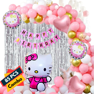 Hello Kitty Theme Birthday Kit: Banner, Foil Backdrop Curtain, HQ Balloons, Confetti, Arch, Both Site Tape - Complete Decoration Set - (85 Pcs)