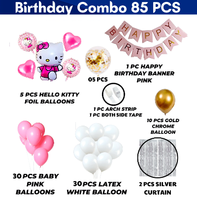 Hello Kitty Theme Birthday Kit: Banner, Foil Backdrop Curtain, HQ Balloons, Confetti, Arch, Both Site Tape - Complete Decoration Set - (85 Pcs)