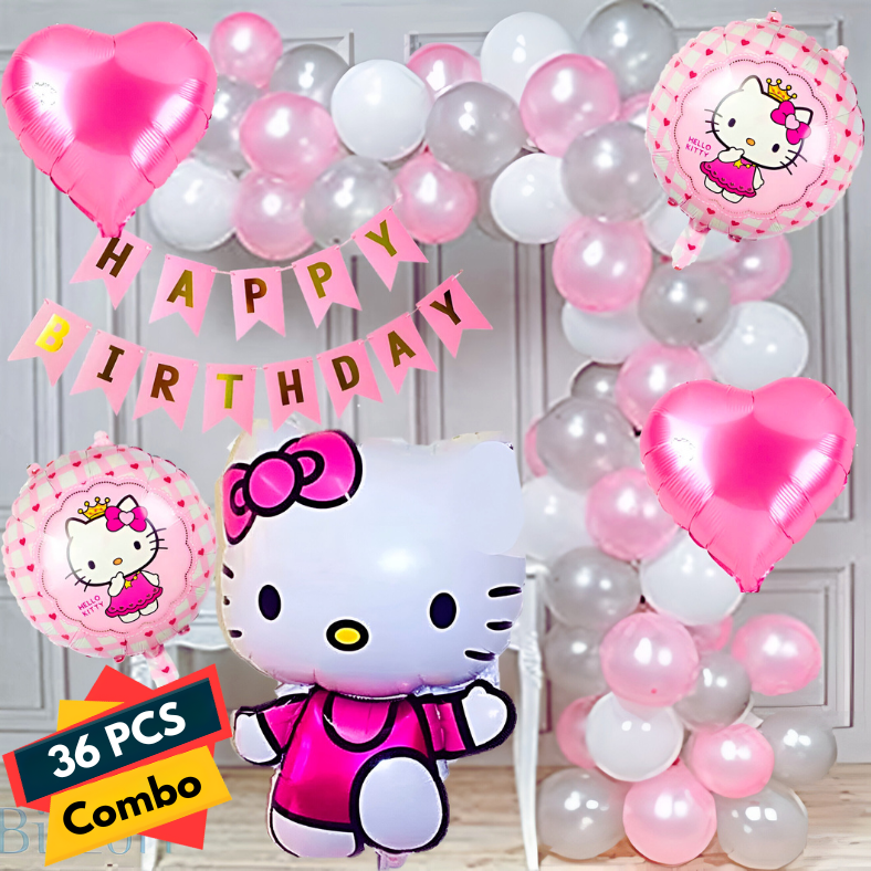 Hello Kitty Birthday Party Combo Set – Cute Banner, High-Quality Balloons, and Hello Kitty Foil Balloons for Perfect Birthday Decor (36-Piece)
