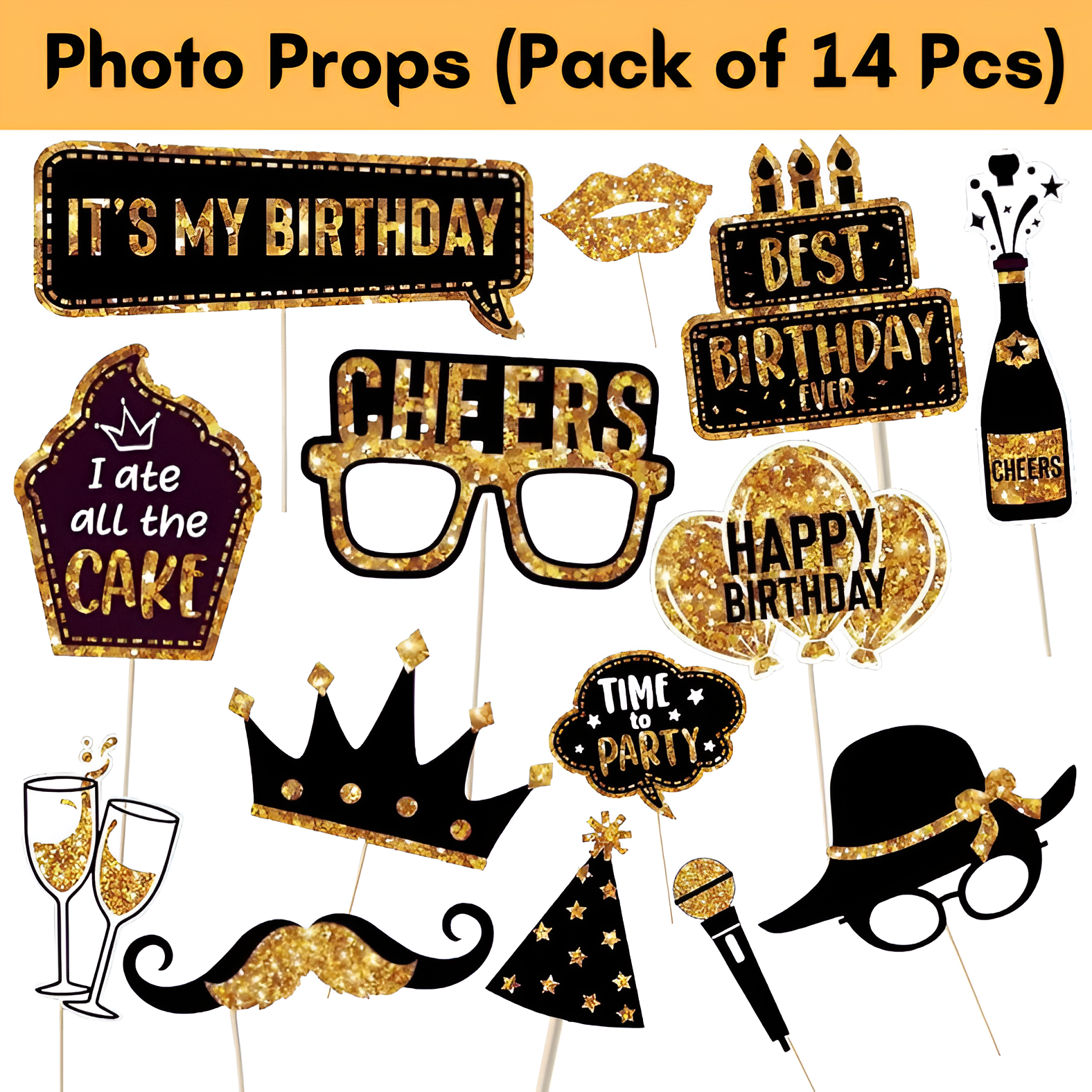 Stylish Birthday Photo Props - Black & Golden Combination for Party Photo Booth, Enhance Your Photo-shoots - (Pack of 14 Pcs)