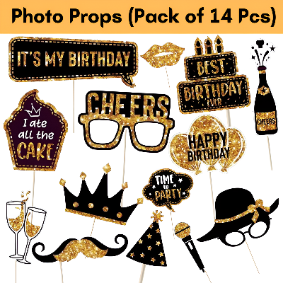 Stylish Birthday Photo Props - Black & Golden Combination for Party Photo Booth, Enhance Your Photo-shoots - (Pack of 14 Pcs)