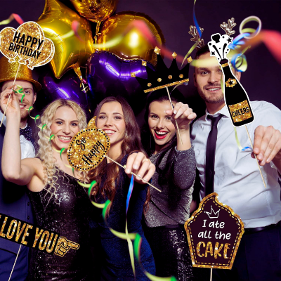 Stylish Birthday Photo Props - Black & Golden Combination for Party Photo Booth, Enhance Your Photo-shoots - (Pack of 14 Pcs)