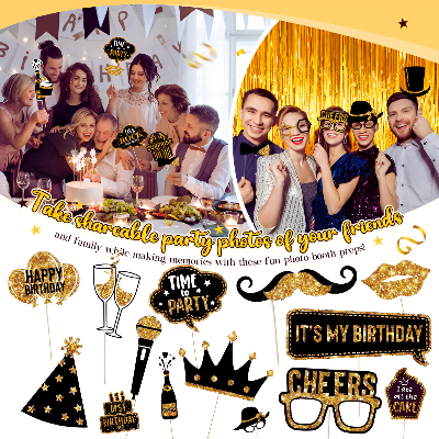 Stylish Birthday Photo Props - Black & Golden Combination for Party Photo Booth, Enhance Your Photo-shoots - (Pack of 14 Pcs)