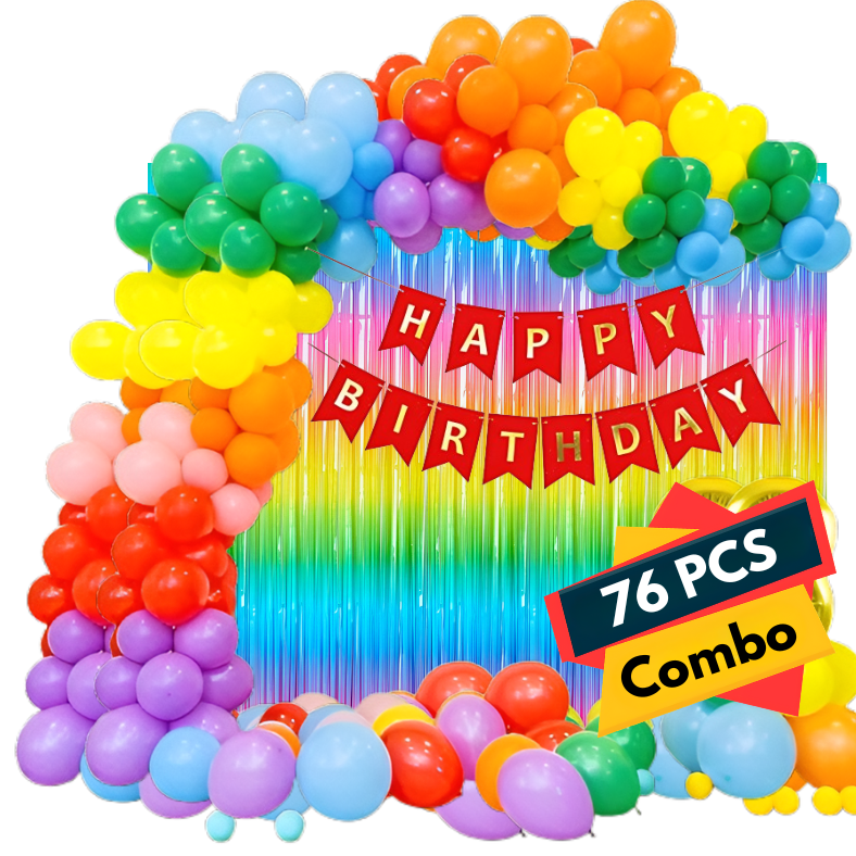 Rainbow Delight: Birthday Decoration Combo Pack - Birthday Banners, Rainbow Foil Curtains, High Quality Balloons, Balloon Arch with Both-Side Tape & Pumper - Full Package (76 Pcs)