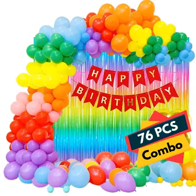 Rainbow Delight: Birthday Decoration Combo Pack - Birthday Banners, Rainbow Foil Curtains, High Quality Balloons, Balloon Arch with Both-Side Tape & Pumper - Full Package (76 Pcs)