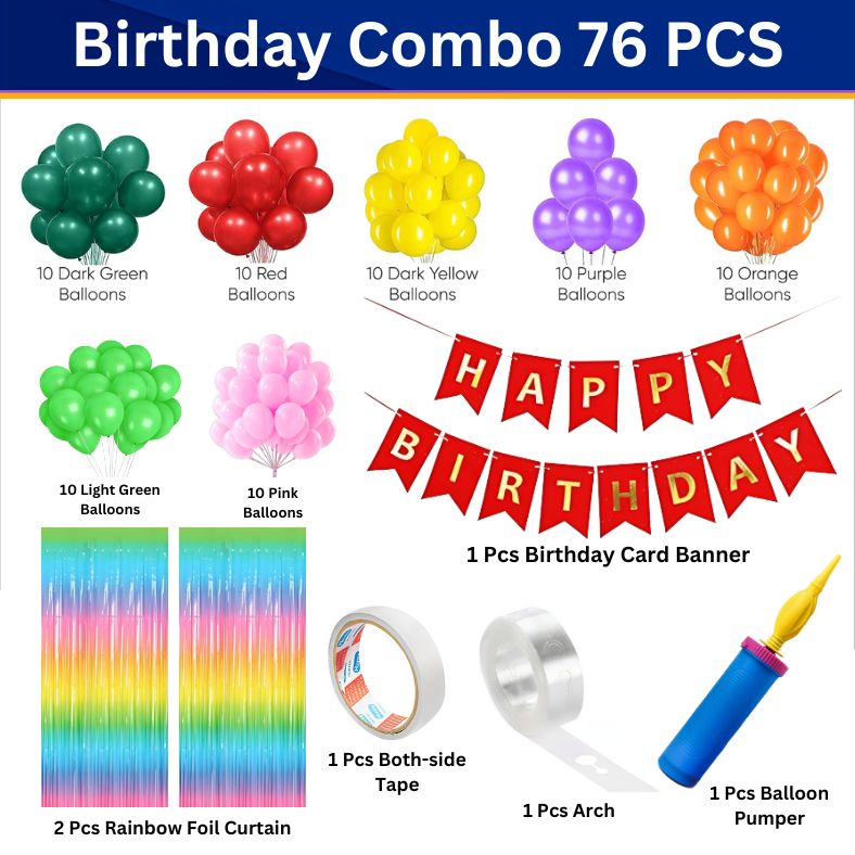 Rainbow Delight: Birthday Decoration Combo Pack - Birthday Banners, Rainbow Foil Curtains, High Quality Balloons, Balloon Arch with Both-Side Tape & Pumper - Full Package (76 Pcs)