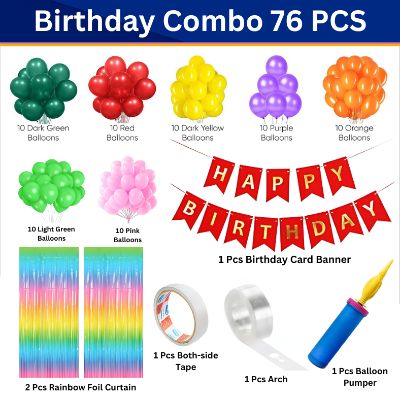 Rainbow Delight: Birthday Decoration Combo Pack - Birthday Banners, Rainbow Foil Curtains, High Quality Balloons, Balloon Arch with Both-Side Tape & Pumper - Full Package (76 Pcs)