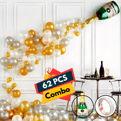 Champagne Bottle Foil Balloon Combo With Metallic Balloons & Both-Sided Tape – Ideal for Weddings, Birthdays, Bachelor Parties, and Events (Pack of 62 Pcs)